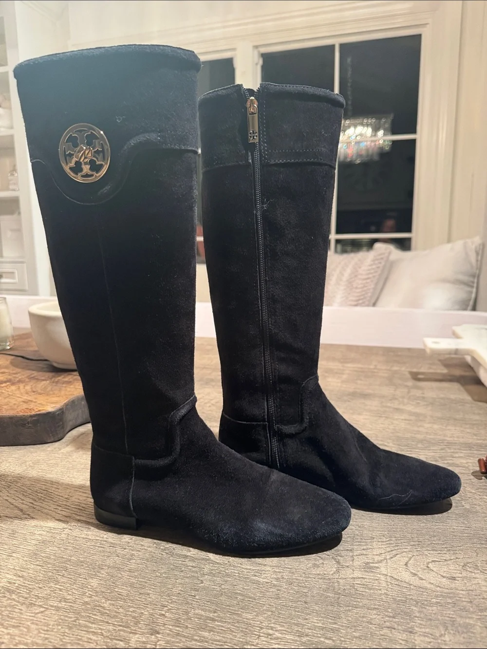 Tory Burch Black Knee High Boots with Gold Logo